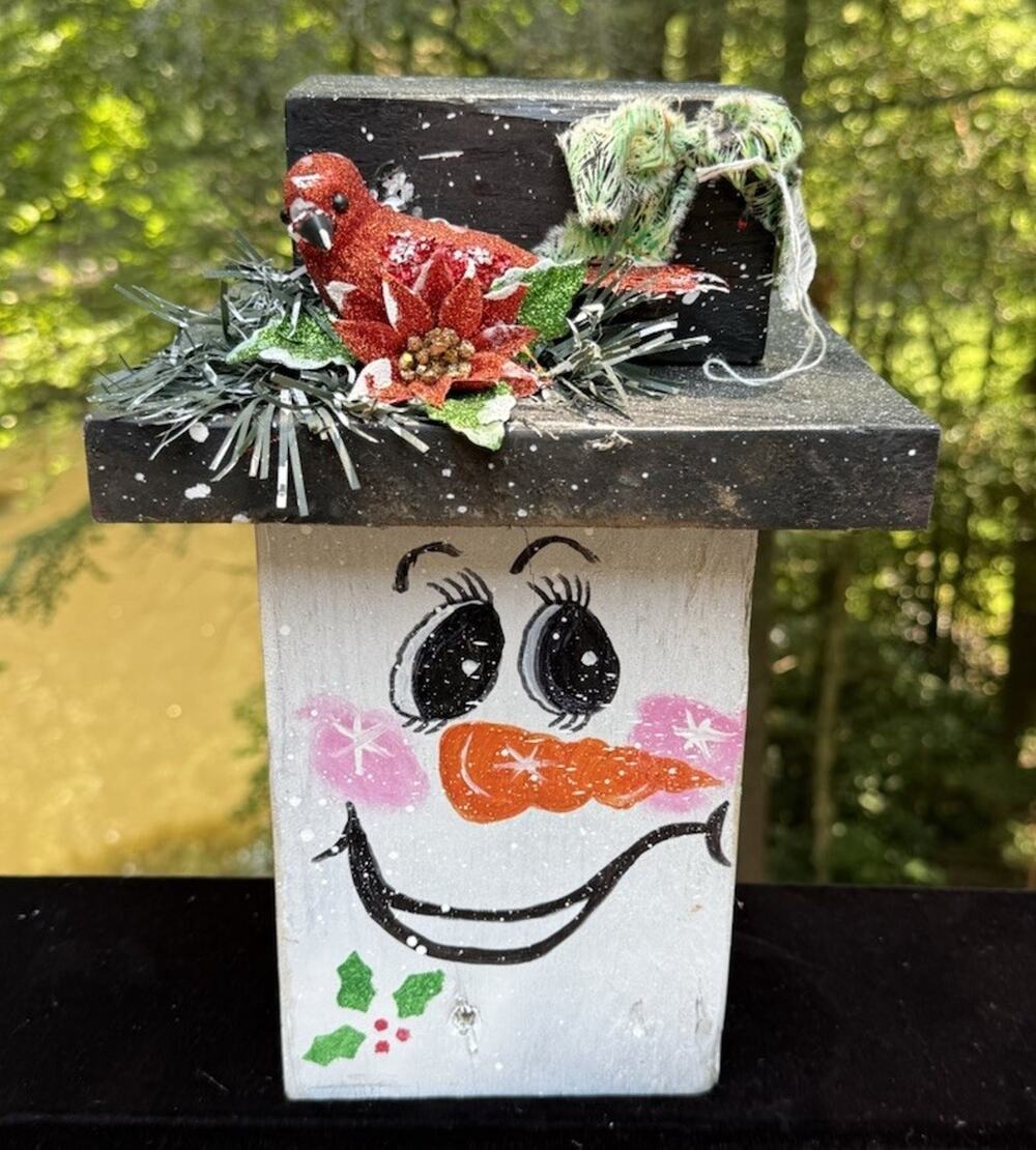 Handmade Large 13” Primitive Wood Snowman Block with Top Hat & Bird HEAVY!